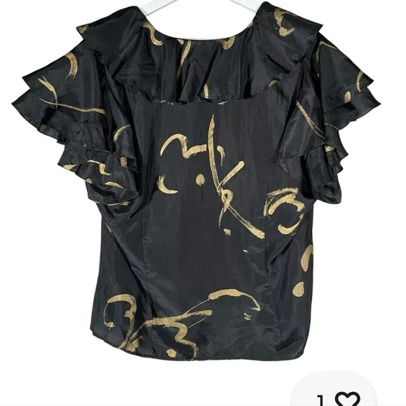 Lauren Ralph Lauren Top 12 Black Gold 100% Silk Flutter Ruffle Blouse - Picture 4 of 4
